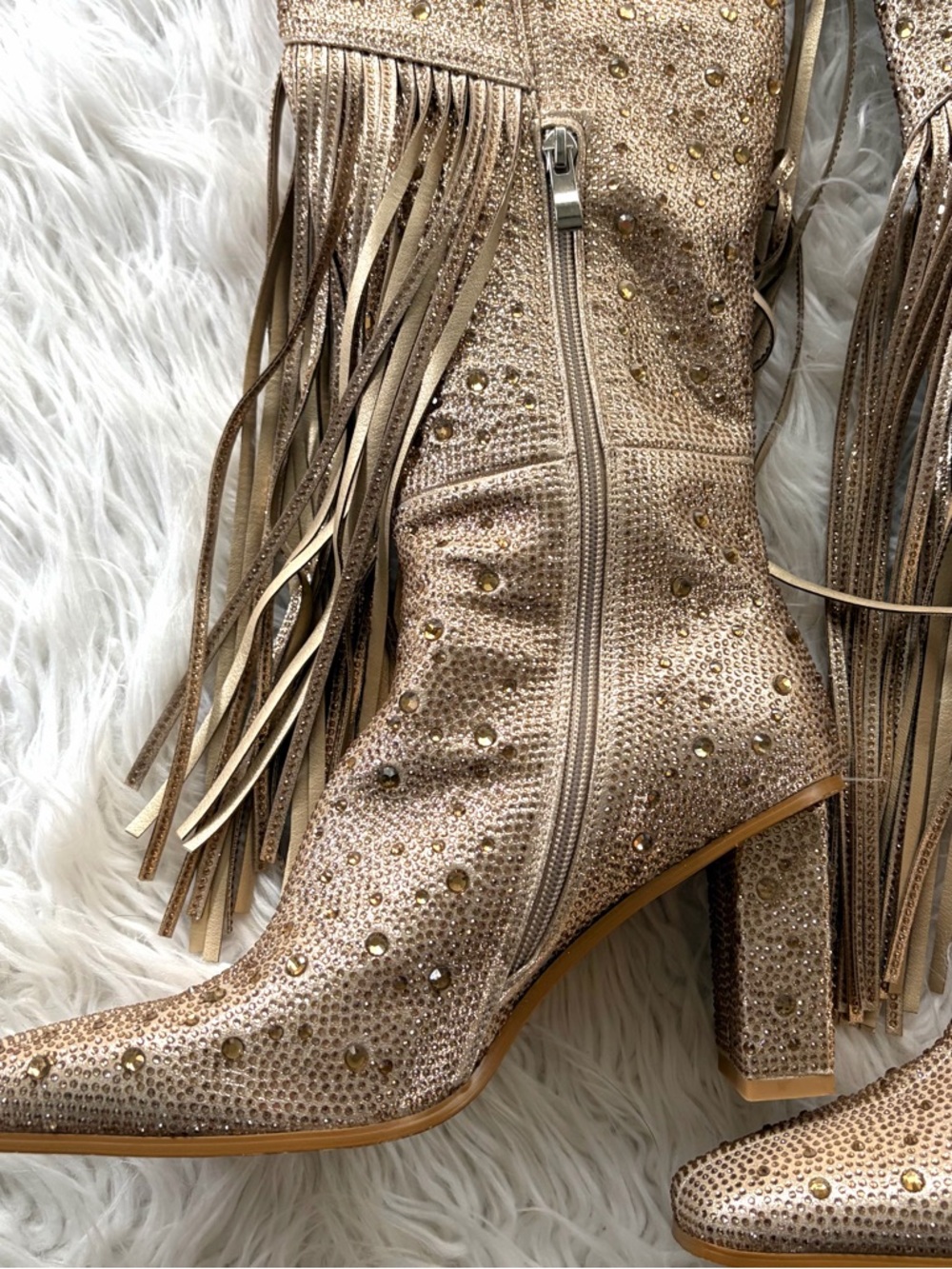 Gold Rhinestone Fringe Knee-High Heeled Boots Size 9 - Picture 3 of 9